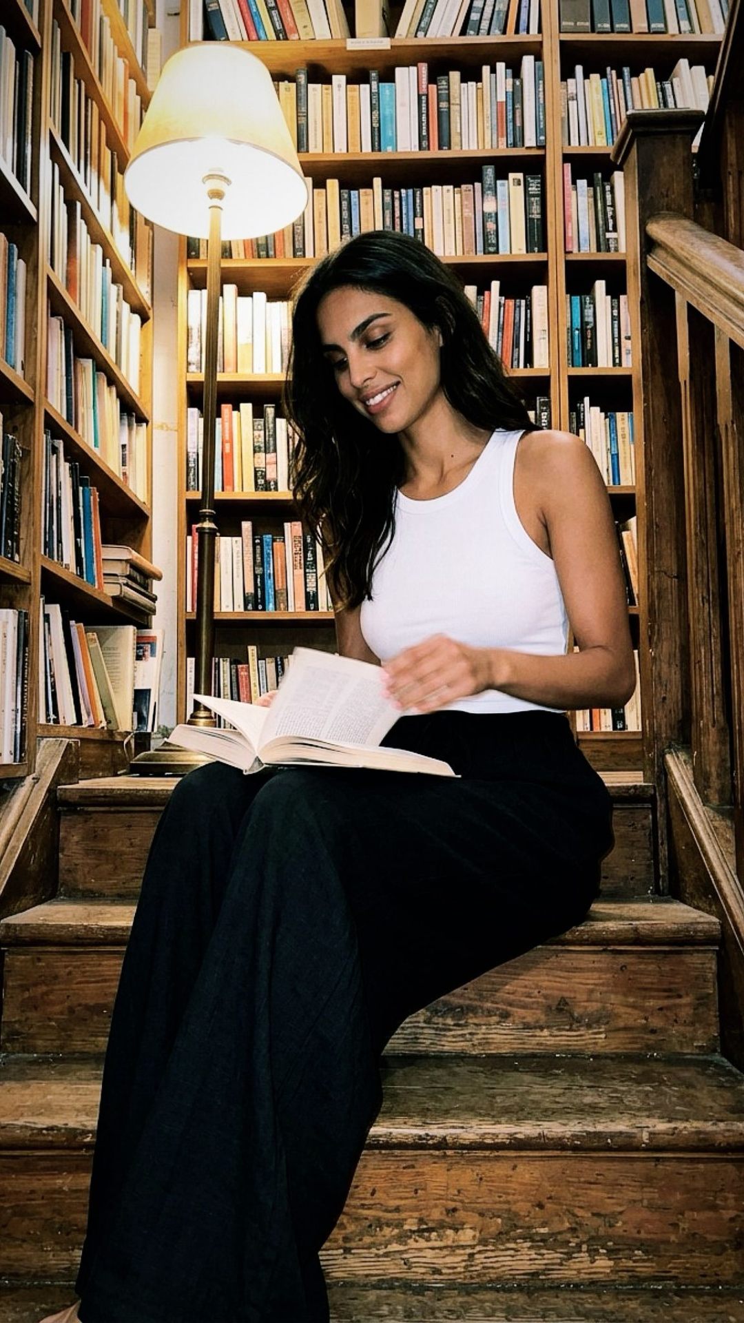 Customer in wide-leg trousers reading on a library staircase