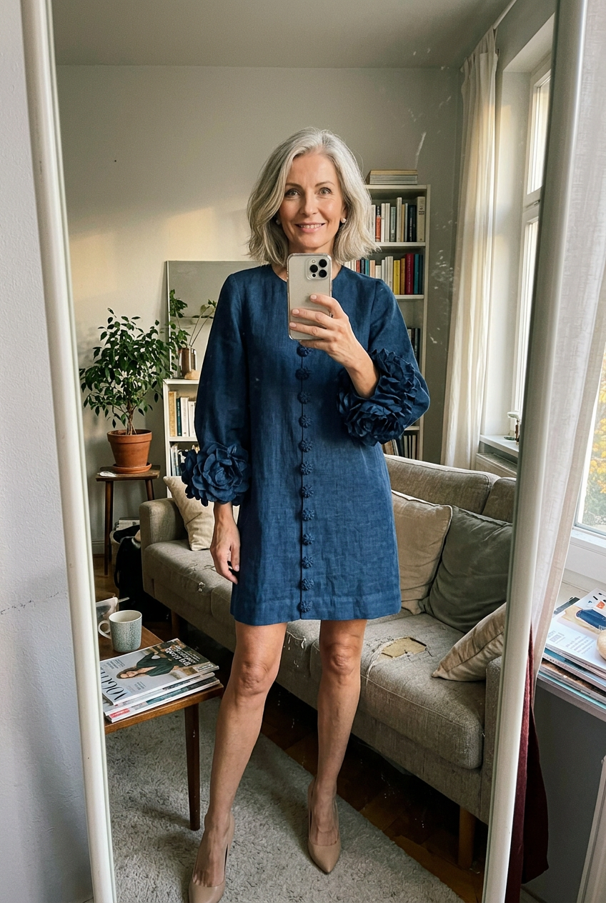 Customer mirror selfie in the Marcelle Floral Relief Dress, marine blue