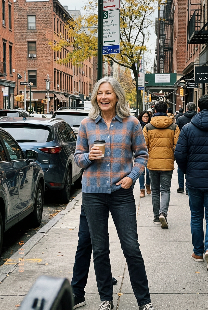 Customer in the Tatiana Soft Knit Sweater, blue orange, on a city street