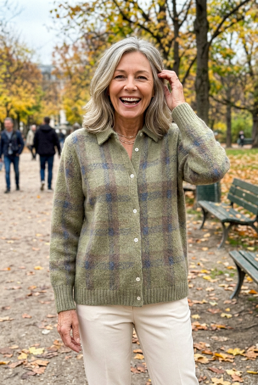 Customer in the Tatiana Soft Knit Sweater, khaki, in an autumn park