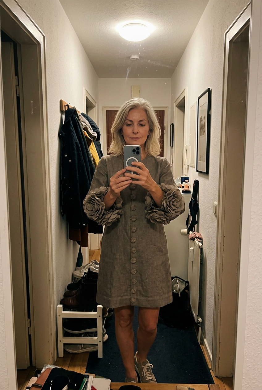 Customer mirror selfie in the Marcelle Floral Relief Dress, grey