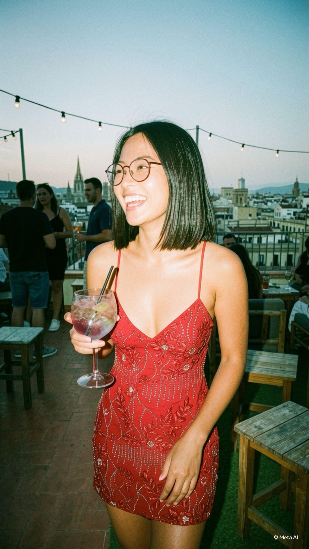 Customer in a red beaded mini dress on a rooftop bar at sunset
