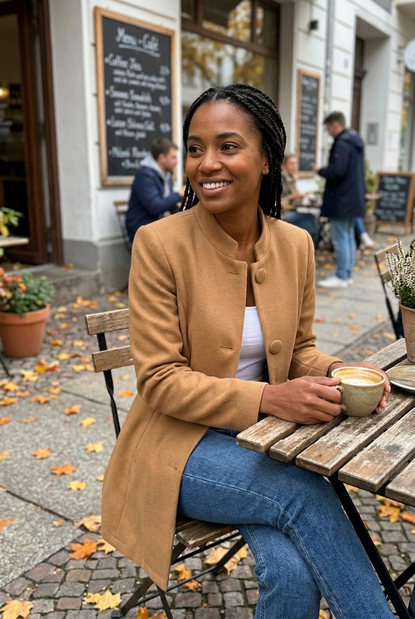 Customer in the Roxane Tailored Blazer, brown, at a café terrace