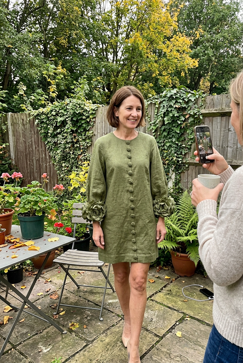 Customer in the Marcelle Floral Relief Dress, green, on a garden terrace