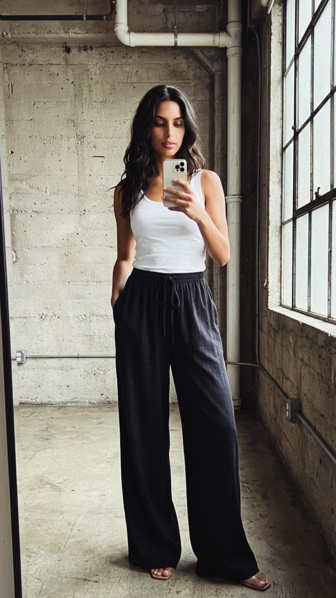 Mirror selfie in wide-leg trousers and a white tank