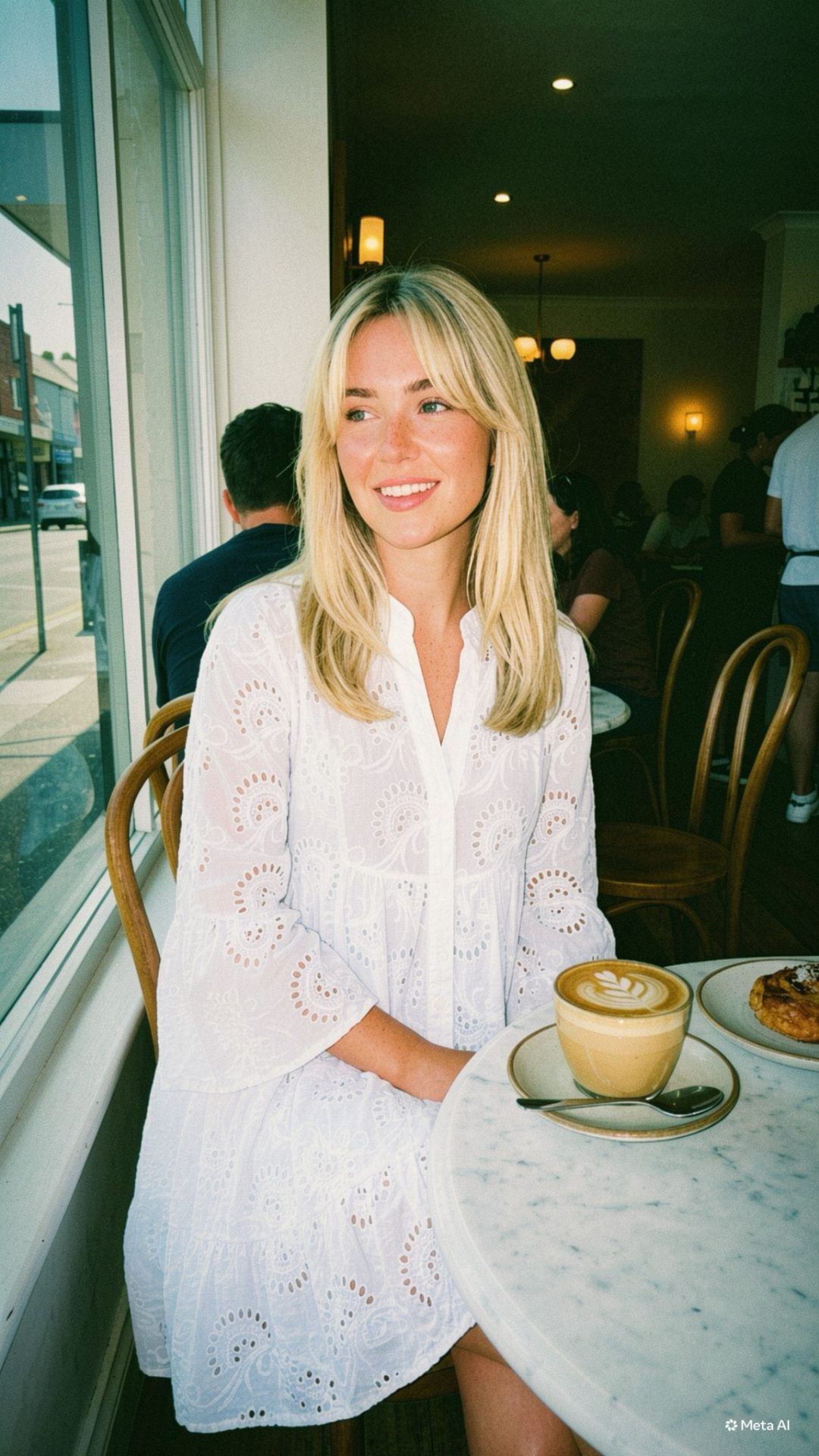 Customer in a white eyelet smocked mini dress at a sunlit café