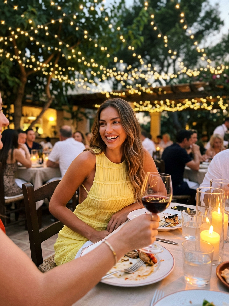 Customer in a yellow textured sleeveless dress at an outdoor dinner with string lights