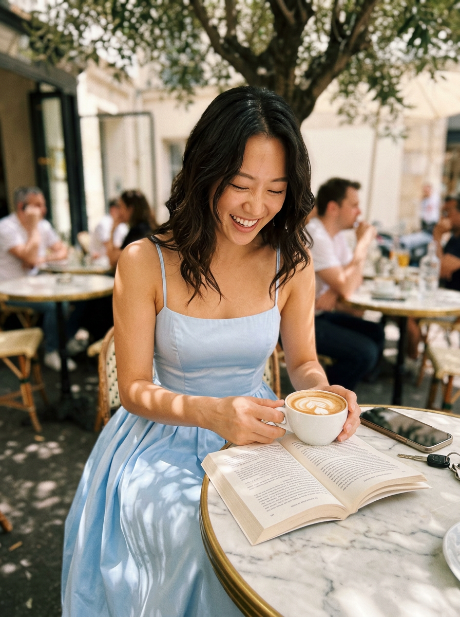 Customer in a light blue Annette midi dress reading at a French café terrace