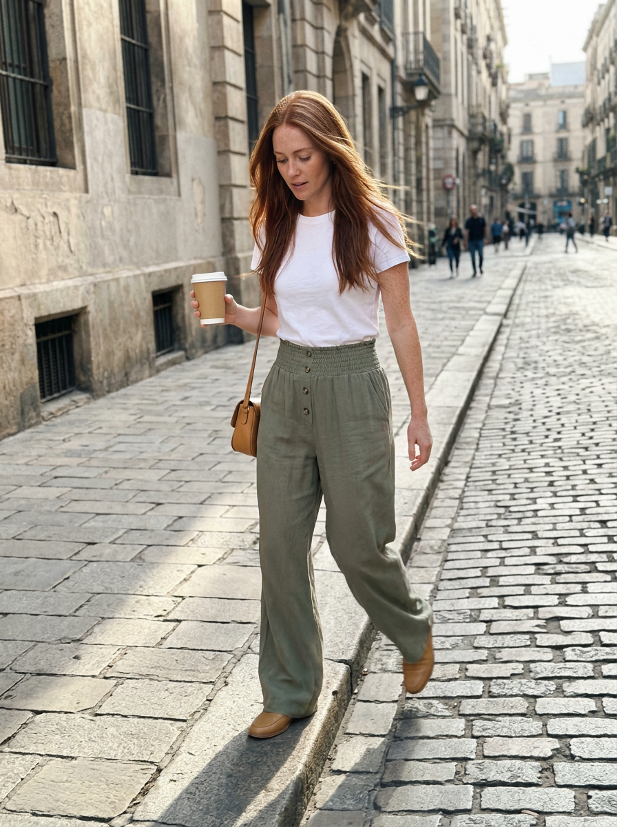 Customer in olive wide-leg trousers and a white tee on a cobblestone street