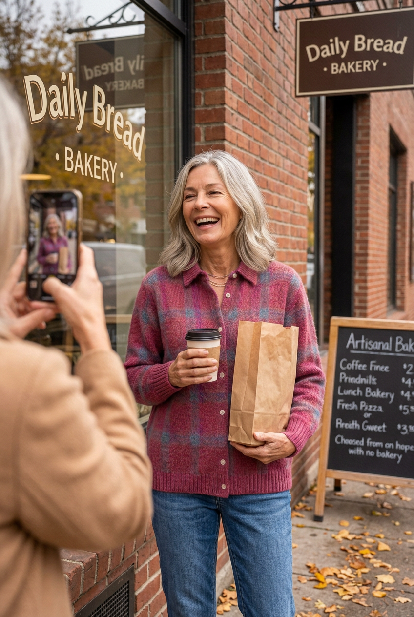 Customer in the Tatiana Soft Knit Sweater, pink, outside a bakery