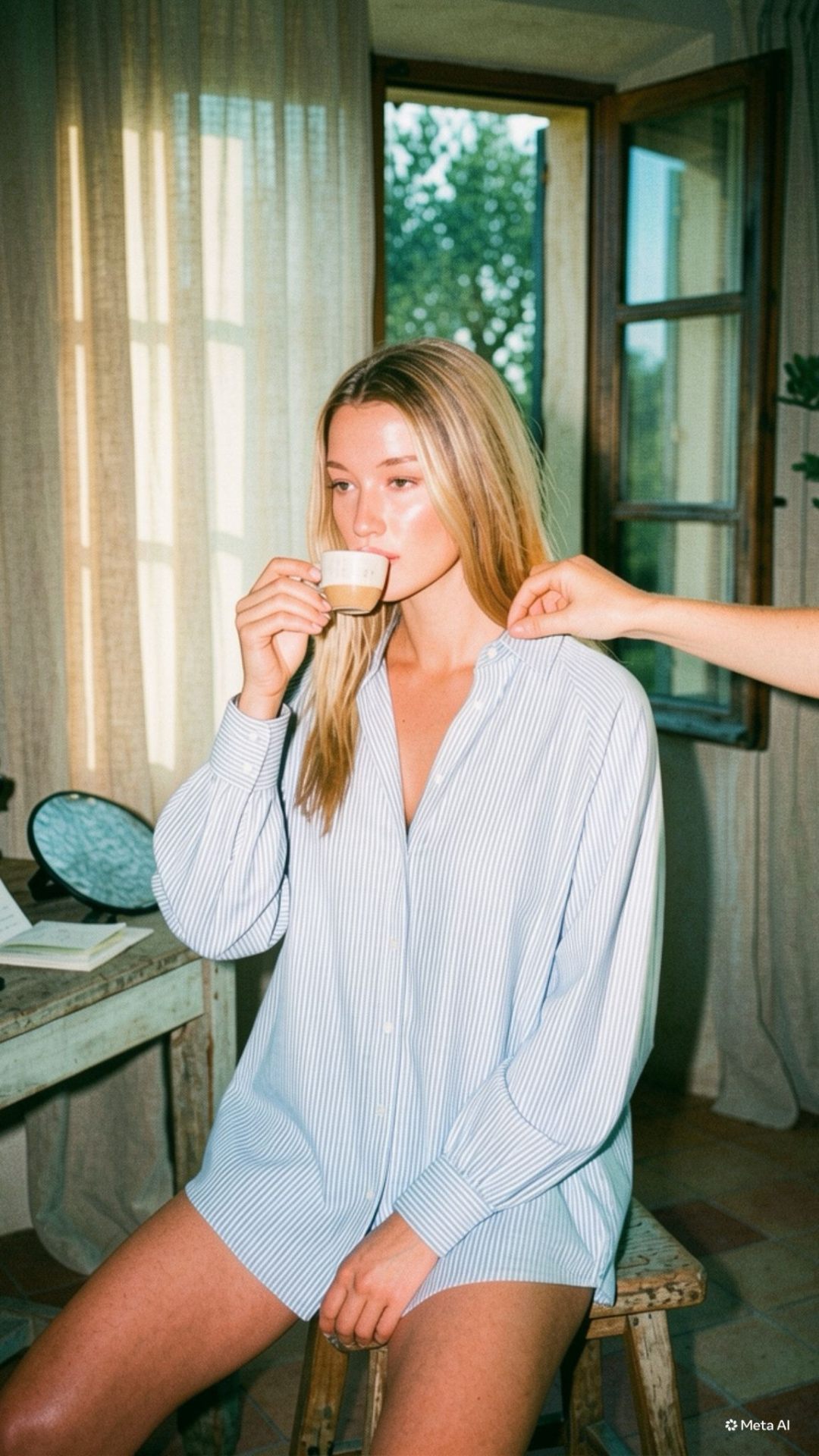 Customer in a striped oversized shirt, golden morning light