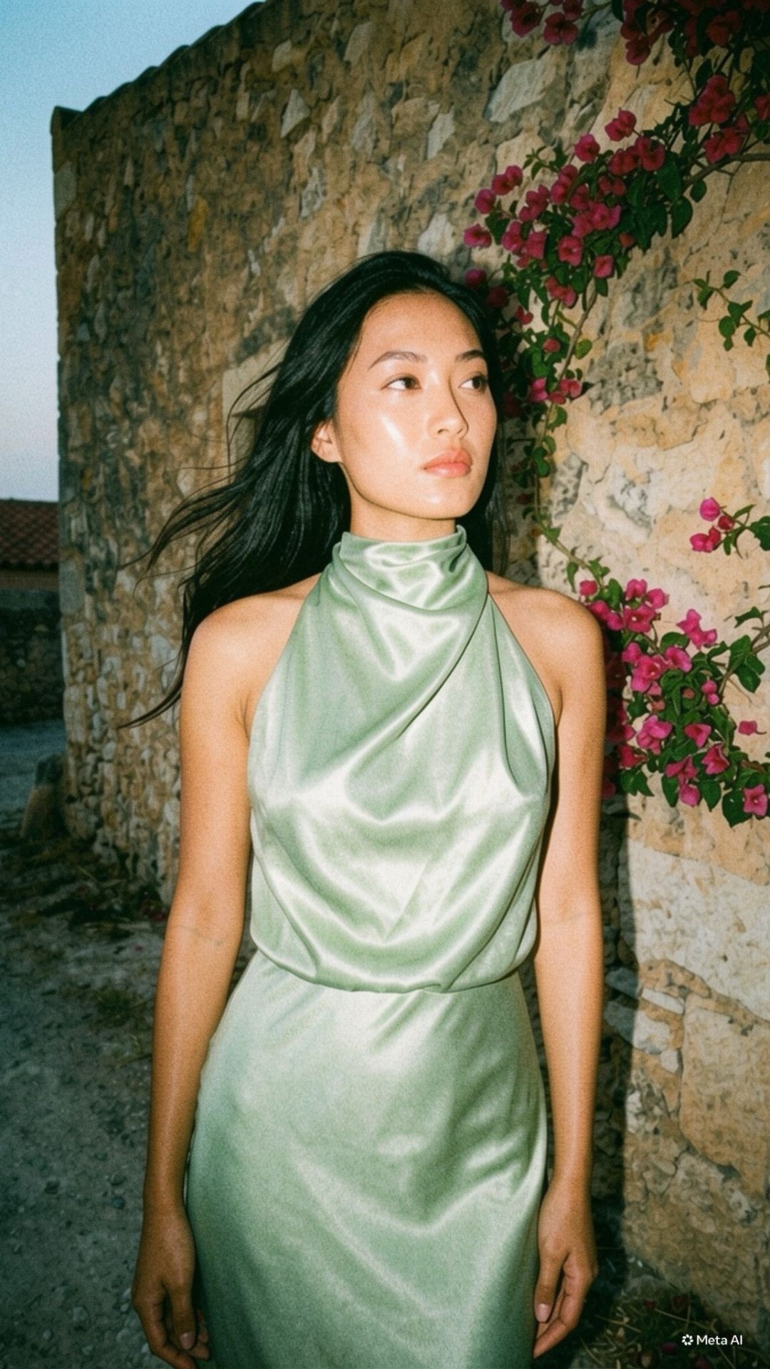 Customer in a sage green satin halter midi dress beside a bougainvillea stone wall