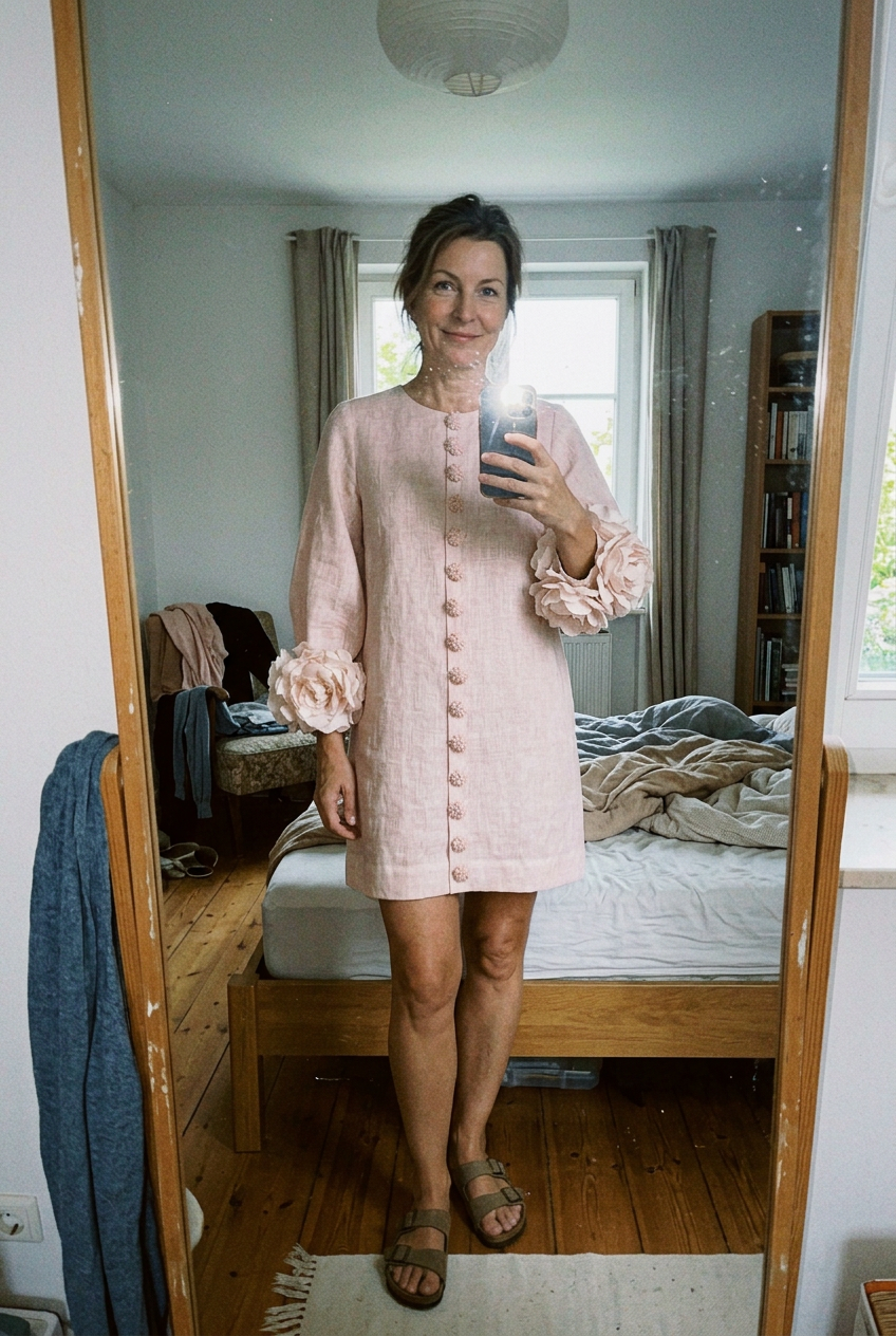 Customer mirror selfie in the Marcelle Floral Relief Dress, pink