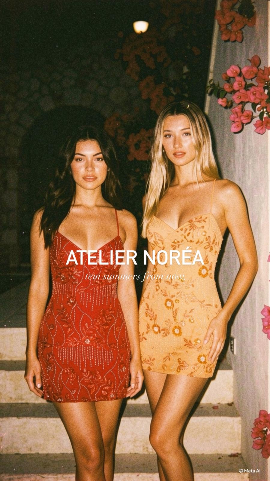 Atelier Norèa — two women in beaded slip dresses on stone steps at night