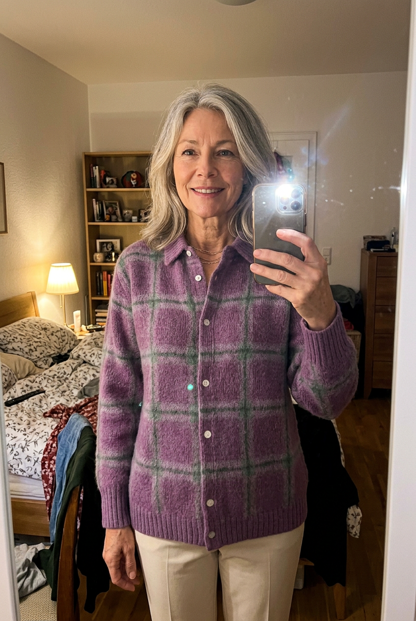 Customer mirror selfie in the Tatiana Soft Knit Sweater, purple