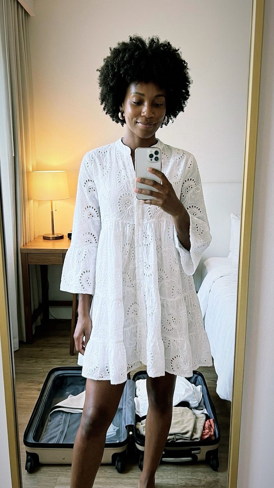 Mirror selfie in a white eyelet smocked dress