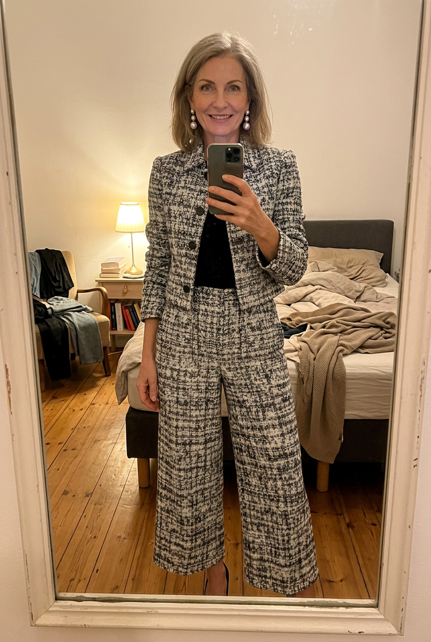 Customer mirror selfie in the Lucía Tweed Suit, grey