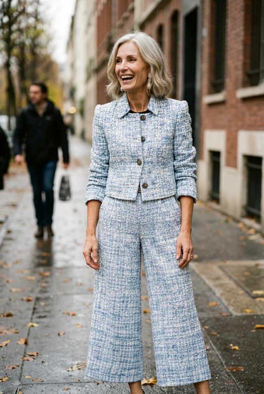 Customer in the Lucía Tweed Suit, light blue, on the sidewalk