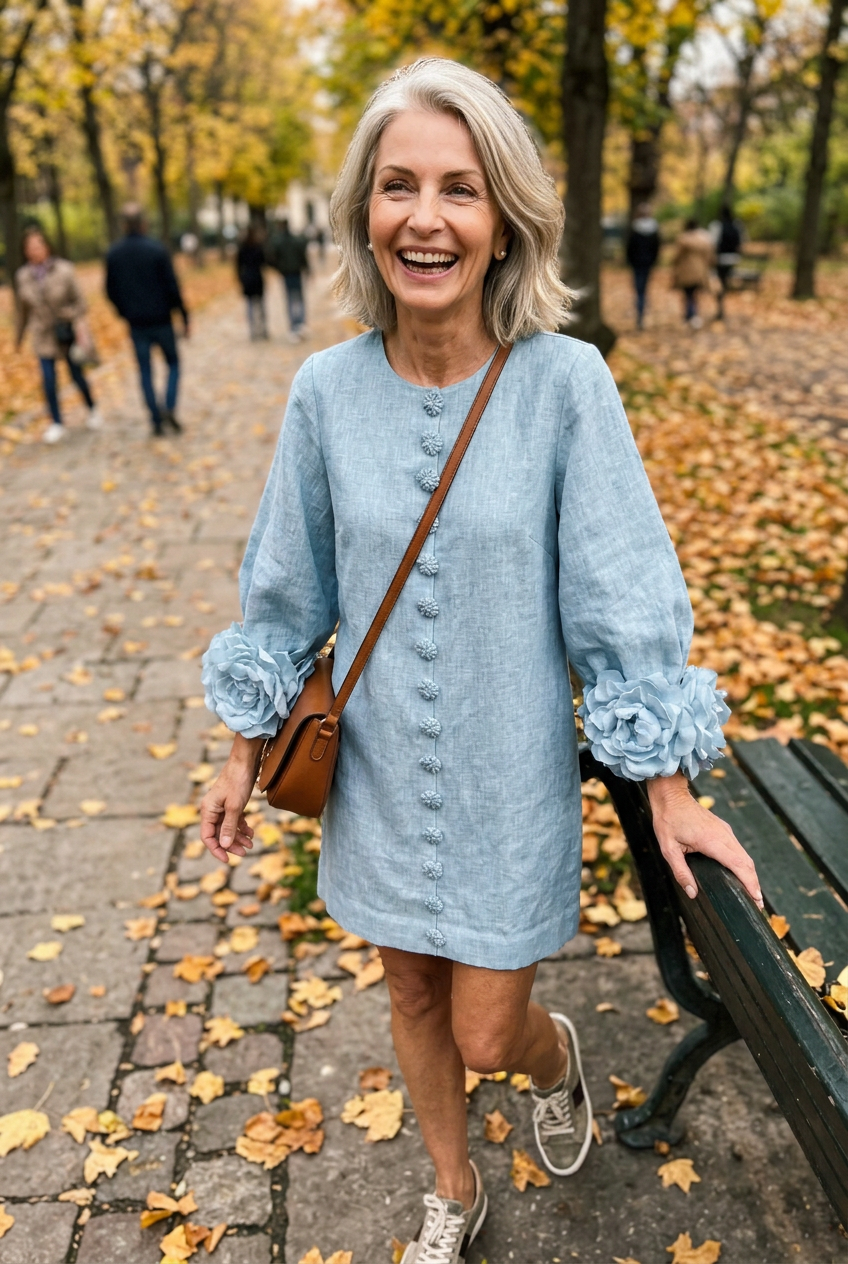 Customer in the Marcelle Floral Relief Dress, blue, in the park