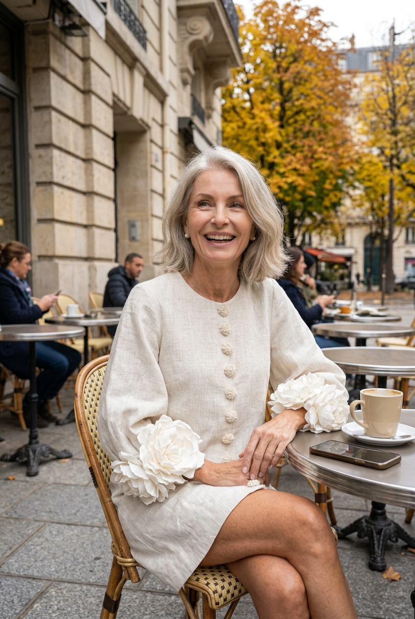 Customer in the Marcelle Floral Relief Dress, white, at a café