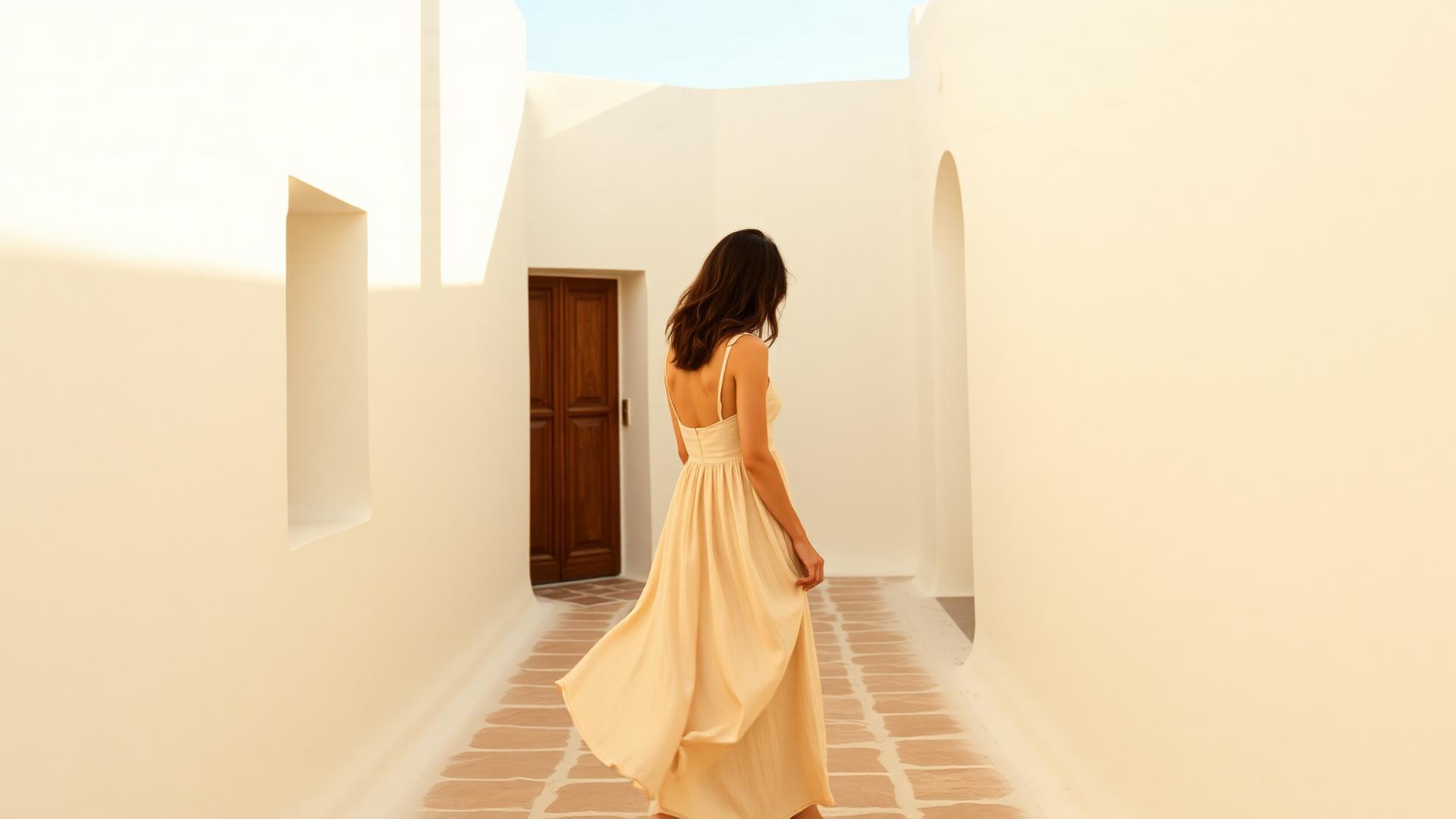 A woman in a flowing linen dress walking through a sunlit Mediterranean courtyard