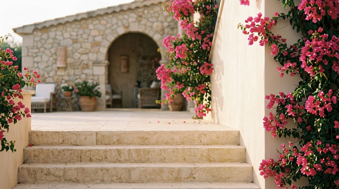 Two women in flowing dresses standing in a sunlit Mediterranean garden filled with blooming flowers