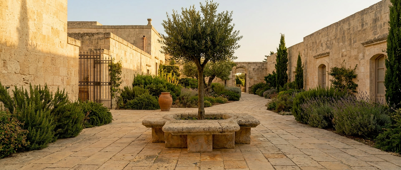 A serene Mediterranean stone courtyard garden with an olive tree, lavender beds and warm honey-coloured walls at golden hour